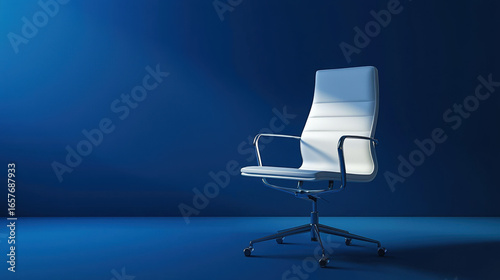 A single minimalist office chair with smooth, pure white surfaces and soft shadows. 