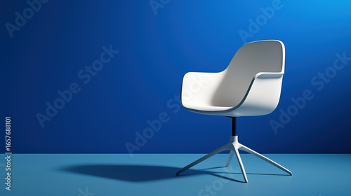 A single minimalist office chair with smooth, pure white surfaces and soft shadows. 