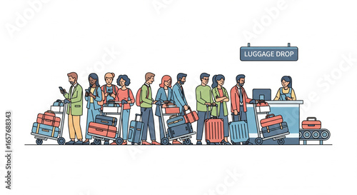 Passengers line up at the luggage drop counter in an airport, waiting to check in their bags.
