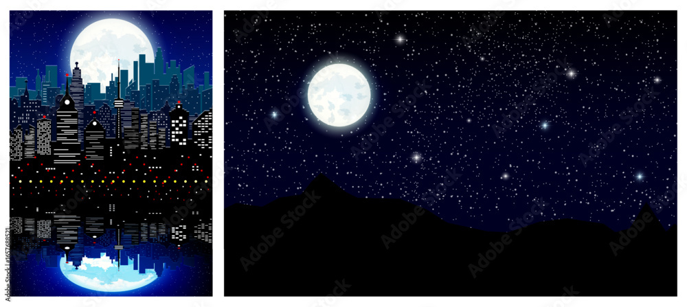 Naklejka premium Two flat style illustrations: a night city skyline with a full moon and reflections, and a starry sky over mountains.