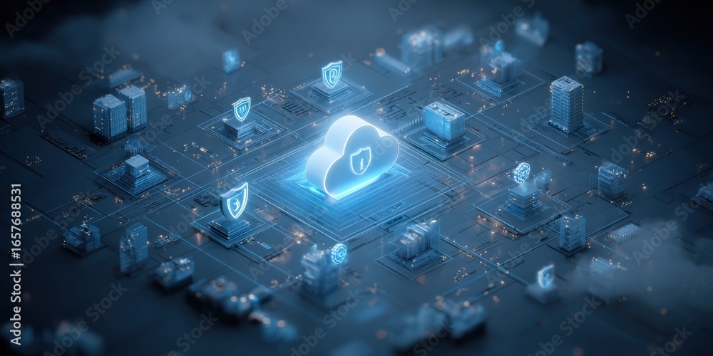 Naklejka premium Secure Cloud Network Technology Illustration with Cloud Icon and Shield for Data Protection
