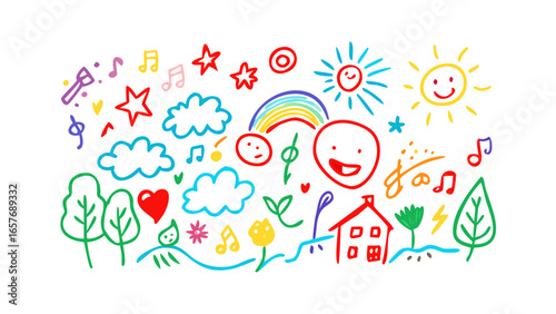 Cheerful doodle collection with sun and rainbow illustration