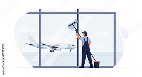 A worker cleans a large window at an airport, with a plane visible outside.