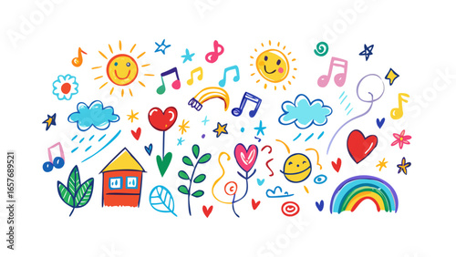 Cheerful doodle elements with suns clouds and rainbows