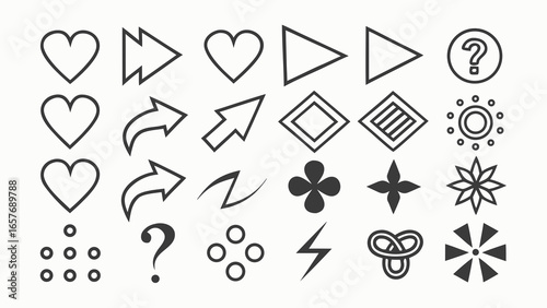 Collection of graphic symbols hearts arrows triangles question marks