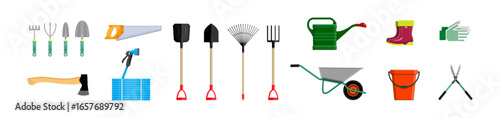 Cartoon garden tools and equipment set with wheelbarrow, shovel, rake, and axe on white background.