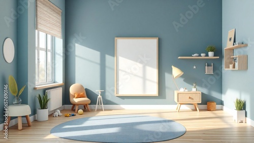 Bright and airy modern nursery room with blue walls and natural light