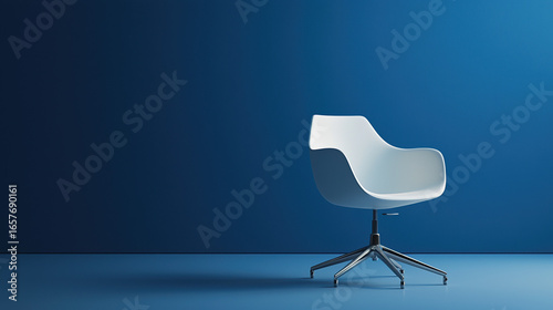 A single minimalist office chair with smooth, pure white surfaces and soft shadows. 