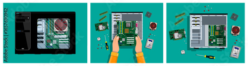 Computer internal components vector set with hands assembling motherboard concept illustration for technology and repair service.