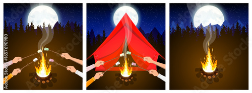 Collection of people roasting marshmallow on campfire. Night camping adventure with red tent under moon. Flat style stock vector set collection illustration for travel poster.