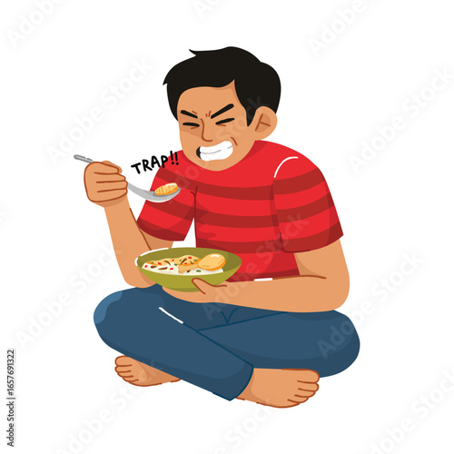 Illustration of a man in a red striped shirt sitting cross-legged, wincing in pain while eating hot food from a bowl, showing the discomfort of burning his mouth.