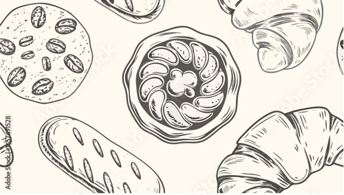 Hand drawn seamless pattern featuring various baked goods including croissants bread and filled pastries silhouette