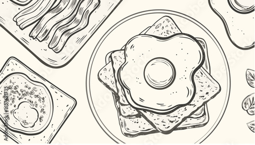 Illustration of breakfast food featuring eggs on toast and bacon in a detailed line drawing style silhouette