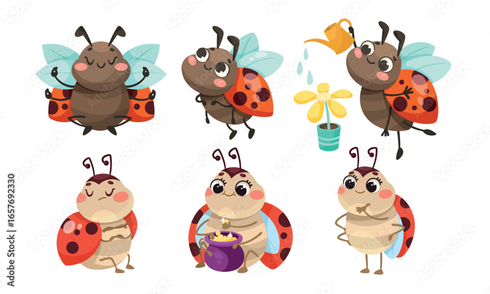 Naklejka premium Charming Animated Ladybugs Participating in Various Fun Activities and Games Together