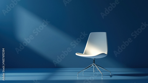 A single minimalist office chair with smooth, pure white surfaces and soft shadows. 