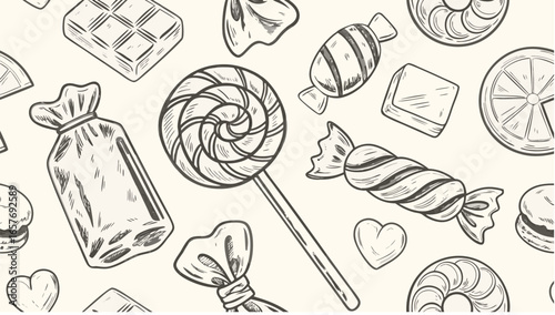 A delightful sketch of assorted candies including lollipops wrapped sweets and hard candies spread out nicely silhouette
