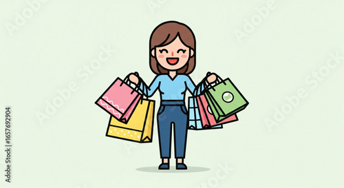 Cartoon woman with shopping bags, happy and holding many colorful shopping bags.