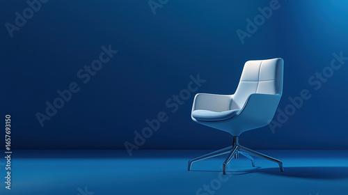 A single minimalist office chair with smooth, pure white surfaces and soft shadows. 
