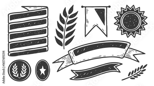 Hand drawn award elements and ribbons banner star