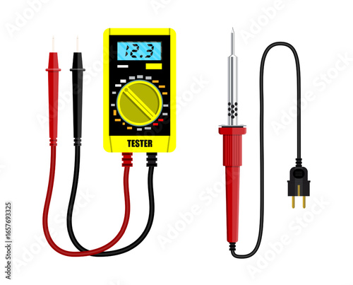 Digital multimeter with probes and soldering iron. Electronic repair and home improvement tools. Flat style vector set collection illustration.