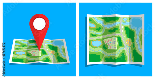 Folded paper map with red pin location for navigation, travel, and route planning. Flat design style vector illustration for app.
