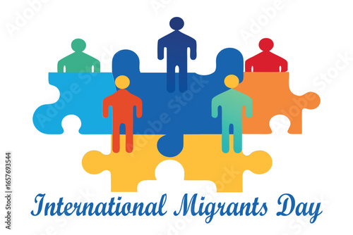 International Migrants Day Minimalist Vector of Diverse People on Puzzle World Map.