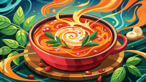 Steaming hot creamy red lentil soup served beautifully, delicate swirls rising gracefully, fresh mint leaves adding elegance, inviting warmth, comforting texture, vibrant aroma, glowing bowl, artistic