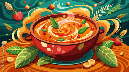 Steaming hot creamy red lentil soup served beautifully, delicate swirls rising gracefully, fresh mint leaves adding elegance, inviting warmth, comforting texture, vibrant aroma, glowing bowl, artistic