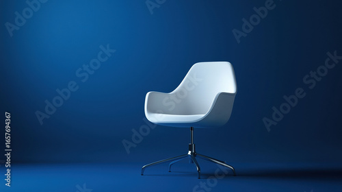 A single minimalist office chair with smooth, pure white surfaces and soft shadows. 