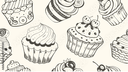 Seamless pattern featuring hand drawn cupcakes with various toppings and decorative elements scattered around silhouette
