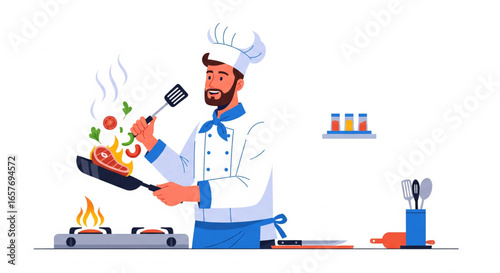 A male chef expertly cooks a savory dish, tossing vegetables and meat in a pan over a gas stove.