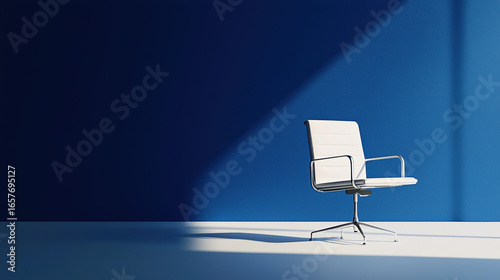 A single minimalist office chair with smooth, pure white surfaces and soft shadows. 