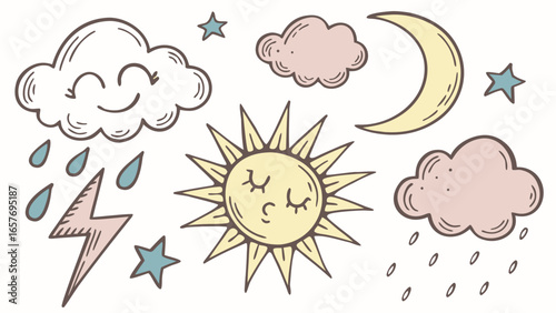 Hand drawn weather elements with sun moon clouds stars and rain