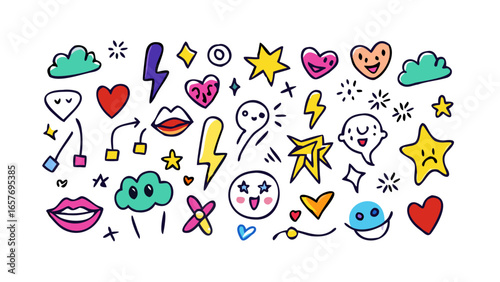 Happy and sad doodles with lightning and hearts cartoon