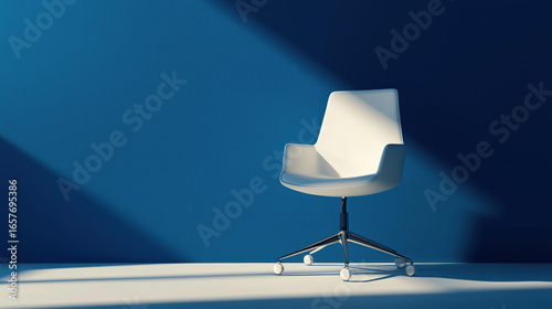 A single minimalist office chair with smooth, pure white surfaces and soft shadows. 