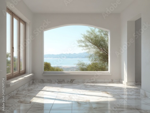 A large window in a room with a view of the ocean. The room is empty and has white walls