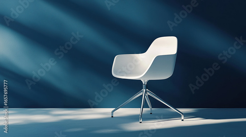 A single minimalist office chair with smooth, pure white surfaces and soft shadows. 