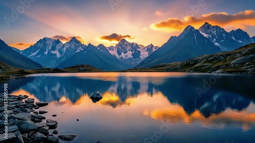 Majestic Sunrise Over Alpine Lake with Perfect Mountain Reflection and Golden Sun Rays.