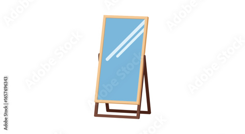 Standing mirror with wooden frame reflecting light, an item typically found in a bedroom or dressing room, vector design object for domestic interiors