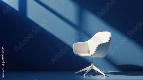 A single minimalist office chair with smooth, pure white surfaces and soft shadows. 