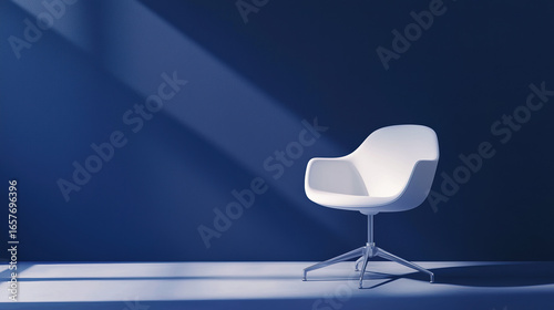 A single minimalist office chair with smooth, pure white surfaces and soft shadows. 