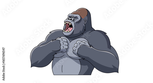 Fierce cartoon gorilla roars with clenched fists, showcasing strength and cartoon aggression, ready for graphic design or animation projects