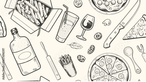 A sketch style pattern of pizza, fries, drinks, and utensils on a light colored background is shown silhouette