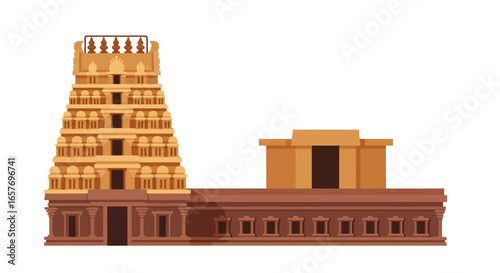 Stylized rendition of a traditional South Indian temple complex, showcasing intricate architectural features and serene cultural heritage