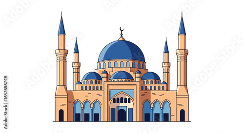 Architectural visualization of a blue-domed mosque with minarets in minimalist design, islamic landmark concept featuring beige and blue hues