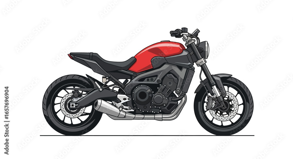 Obraz premium Stylized Illustration of a Red and Black Motorcycle on White Background Vector Art, showcasing sleek automotive design and mechanical engineering