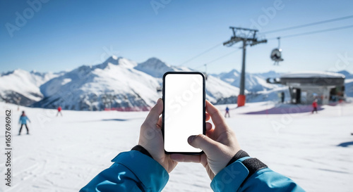 Hands holding smartphone with blank screen at snowy mountain resort