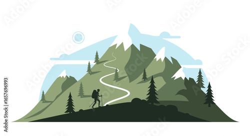 Minimalist mountain adventure scene depicting a hiker climbing a winding path through a stylized mountainous landscape, evoking tranquility and