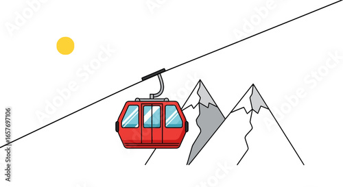 Stylized mountain landscape featuring a cable car ascending towards snow-capped peaks, illuminated by the sun, cartoon adventure design on a bright