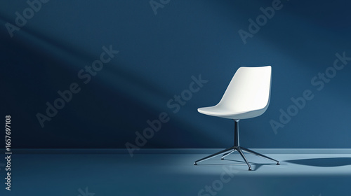 A single minimalist office chair with smooth, pure white surfaces and soft shadows. 